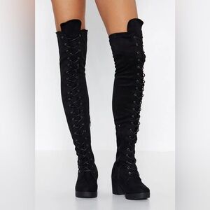 Nasty Gal Black Lace-Up Over the Knee Boots US 7.5 UK 6 EU 39 NIB